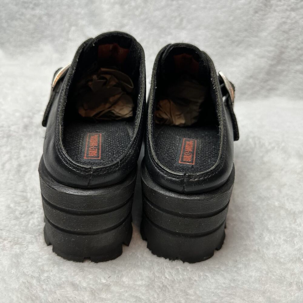 Harley-Davidson Black Leather Chunky Buckle Mules Platform Clogs Size9 Goth Y2K - Picture 6 of 10